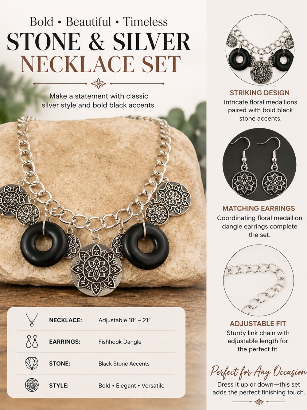 paparazzi Black and Silver Floral Medallion Necklace Set